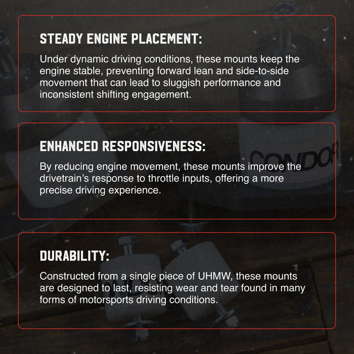 Three text panels with red borders on a dark background, describing product benefits: steady engine placement, enhanced responsiveness, and durability. A blurred car part is visible in the background.