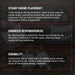Three text panels with red borders on a dark background, describing product benefits: steady engine placement, enhanced responsiveness, and durability. A blurred car part is visible in the background.