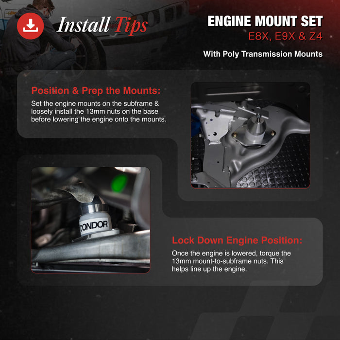 An instructional graphic titled 'Install Tips' showing a product called 'ENGINE MOUNT SET E8X, E9X & Z4' with Poly Transmission Mounts. The layout features dark gray panels with red and white text, accompanied by two inset photographs demonstrating how to position and secure the engine mounts.