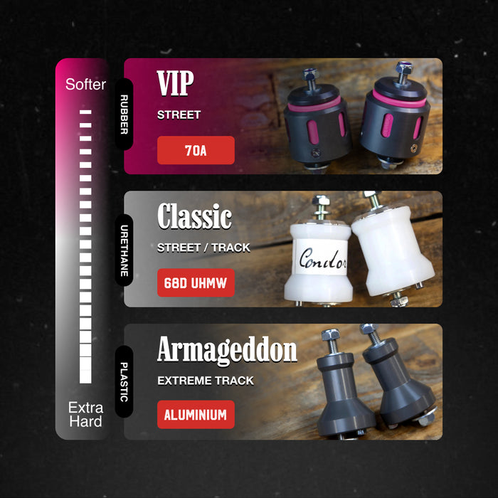 A promotional comparison graphic for three corduroy headstock shapers labeled VIP Street, Classic Street/Track, and Armageddon Extreme Track, with material/color options shown on a dark background and a vertical hardness scale.
