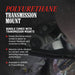 Promotional graphic for Polyurethane Transmission Mount, showing a close-up of a vehicle's transmission system with text overlays detailing product features and benefits.