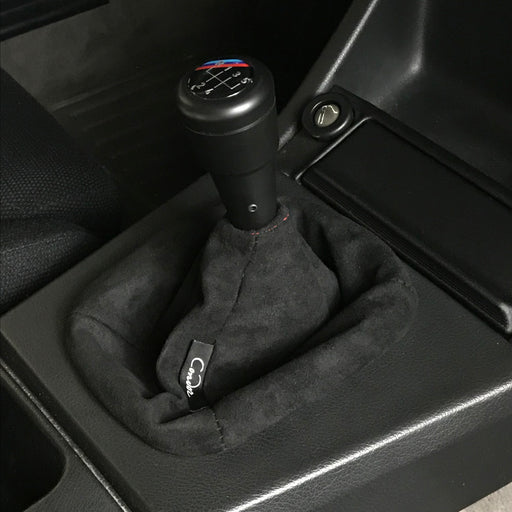 Picture of an installed black suede shift boot from Condor